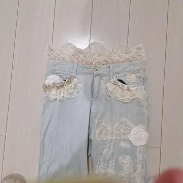 fur fur 레이스 장식 라이트 블루 스트레이트 데님