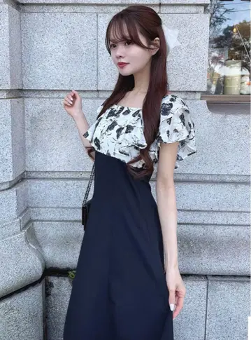 로즈 패턴 프릴 블라우스 도킹 플레어 원피스 [pm587]