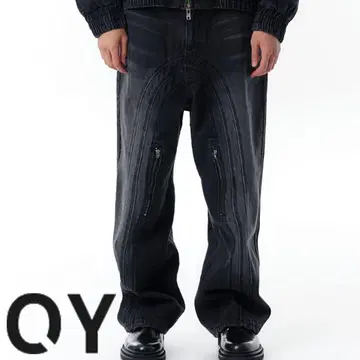OY WAVE LINE WASHED ZIPPER JEANS-BLACK