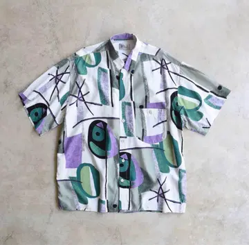 90s 파블로 피카소 올 패턴 레이온 반팔 셔츠 유로 아트 빈티지
