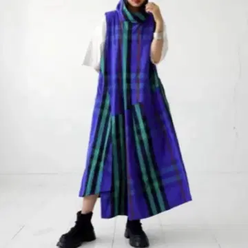 안티카 슬리브리스 셔츠 원피스 청자색과 그린 스트라이프