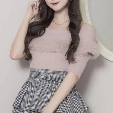 Pium 튤 프릴 니트 오프숄더 상의