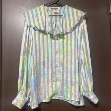 프릴이 달린 멀티 컬러 스트라이프 셔츠 블라우스 빈티지