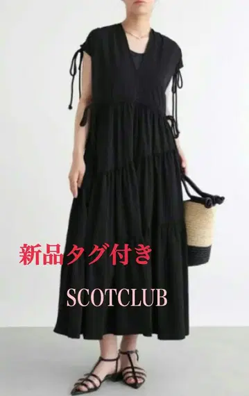 택 포함 새상품 SCOTCLUB Aga 사선 티어드 원피스 블랙