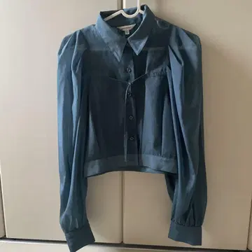 MOUSSY 파랑 크롭 셔츠 퍼프 슬리브