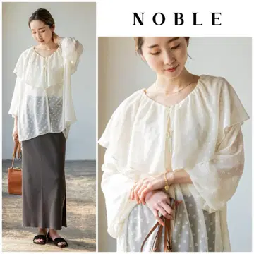 NOBLE V 넥 도트 시어 블라우스 컷 자카드 [미사용]