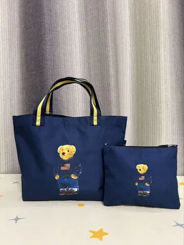 폴로 베어 토트백 파우치 포함 네이비