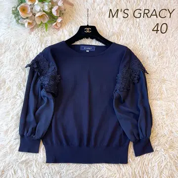 컨디션 최상 M'S GRACY 플라워 모티브 튤 니트 네이비 40