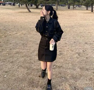 nugu 블랙 데님 셔츠 원피스