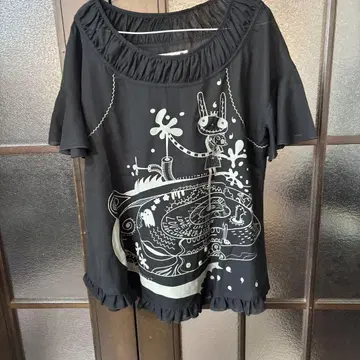 아트 프린트 프릴 소매 블랙 튜닉 M