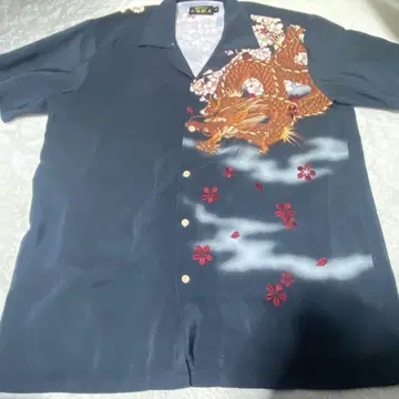 불구대천 오픈 카라 알로하 셔츠 용과 벚꽃 일본풍 패턴 XL