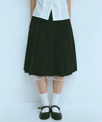 레이스 미디 플리츠 스커트