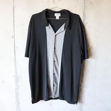 90s ALFANI 반팔 오픈 카라 셔츠 XL 블랙/그레이 레이온