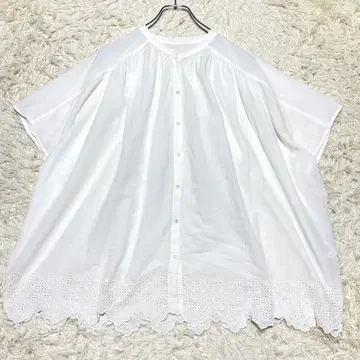 비어즐리 24SS 밑단 자수 프렌치 셔츠 화이트 밴드 카라 루즈핏