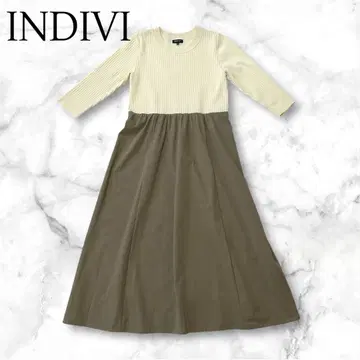 INDIVI 아이보리 카키 도킹 니트 원피스 38 롱 7부 소매