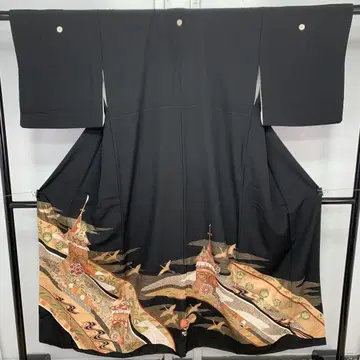 C40 블랙 전통 예복 기모노 학 수레 꽃 무늬 139cm 기모노