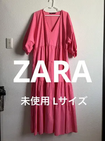 ZARA 핑크 V넥 티어드 롱 원피스 L 사이즈 미사용 새상품