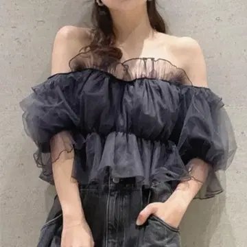 snidel 볼륨 개더 프릴 오프숄더 블라우스 다크 그레이