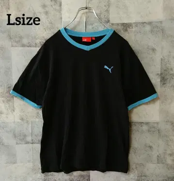 PUMA 푸마 블랙 스카이블루 L 사이즈 링거넥 반팔 티셔츠