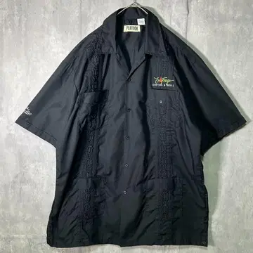 최상급 자수 기업 로고 쿠바 셔츠 오픈 카라 블랙 2XL 빅 실루엣