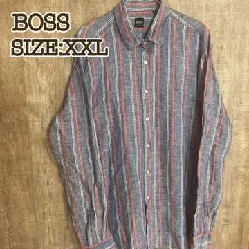 BOSS 보스 린넨 셔츠 블루 그레이 x 와인 레드 스트라이프 XXL