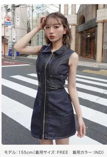 가죽 콤비 슬리브리스 데님 미니 원피스