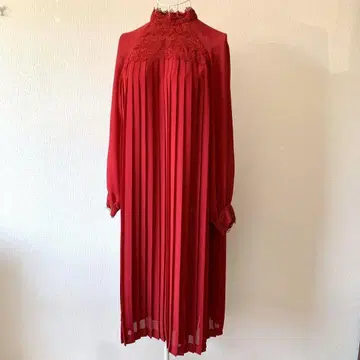 쇼와 레트로 원피스 레드 레이스 플리츠 종아리 기장 13