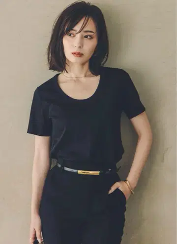 anuans 실크 터치 코튼 U넥 티셔츠 블랙 M