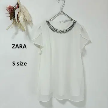 자라 ZARA 시어 블라우스 S 비쥬 프릴 소매 쉬폰 화이트