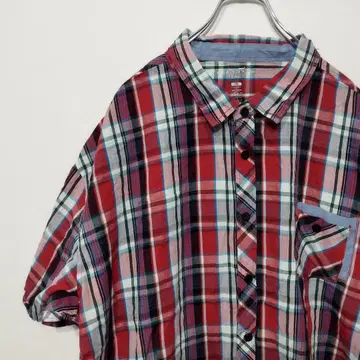 USA 구제 의류 KARL JEANS 반팔 버튼 셔츠 4XL 레드 그린
