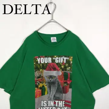 DELTA 고양이 프린트 티셔츠 그린 애니멀 프린트 L