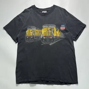 90s 헤인즈 USA제 빈티지 티셔츠 M 페이드 블랙 철도 회사 6833