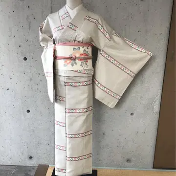 오시마 명주 가로 줄무늬 디자인 패턴 이중 기모노