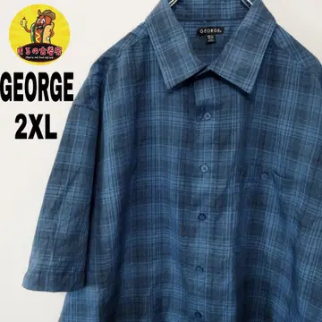 USA 구제 의류 GEORGE 반팔 버튼 셔츠 2XL 블루 그레이 체크