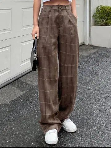 브라운 체크 무늬 와이드 팬츠 s 사이즈
