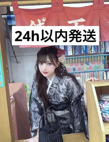 3개 세트 2Way 튤 꽃무늬 세퍼레이트 유카타 레이스 블랙 그레일