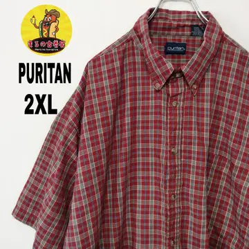USA 구제 의류 PURITAN 반팔 버튼 셔츠 2XL 레드 베이지 체크
