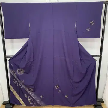 A35 순수 실크 호몬기 짙은 보라색 사슴 꽃무늬 기모노
