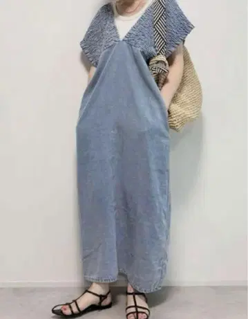 신상품 데님 셔링 원피스 L 색스 블루 카스타네풍 시마무라