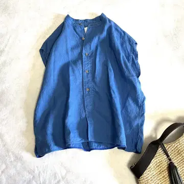 TICCA 티카 린넨 프렌치 셔츠 밴드 카라 파랑 루즈핏