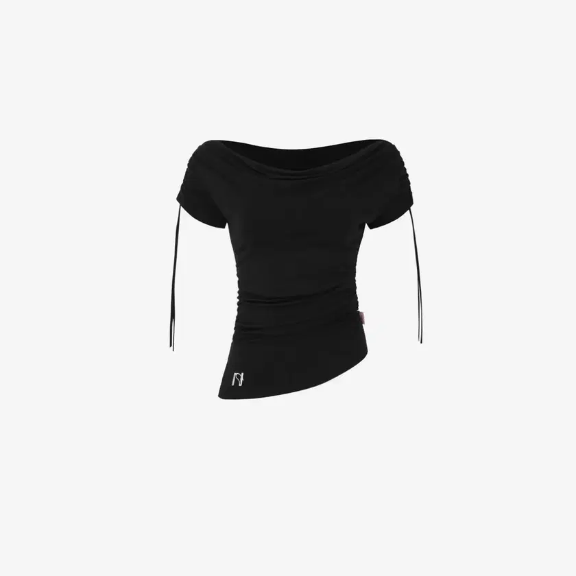 Newerlin Meovv Summer Draping Shirring Boat Neck Top Black