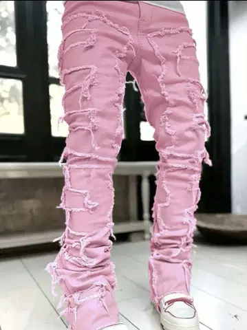 핑크 데미지 가공 스키니 데님