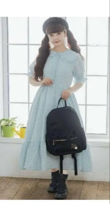 아오키 미사코 시마무라 깅엄 체크 원피스 스카이블루 L