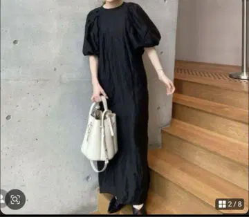 미라 오웬 린넨 혼방 퍼프 슬리브 블랙 롱 원피스