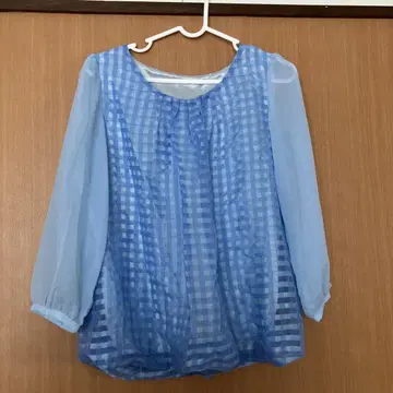 스카이블루 체크 무늬 시스루 블라우스