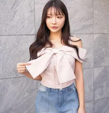 트위드 리본 오프 숄더 탑 핑크