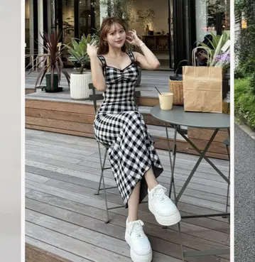 다리치 깅엄 자카드 니트 롱 원피스