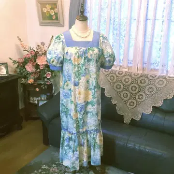 플라워 프린트 퍼프 슬리브 원피스 하와이 제