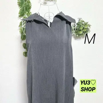 이데알 슬리브리스 원피스 M 그레이 랩 벨트 큰 옷깃/포켓 부착