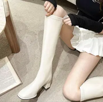 화이트 롱 부츠 미들 힐 사이즈 24cm